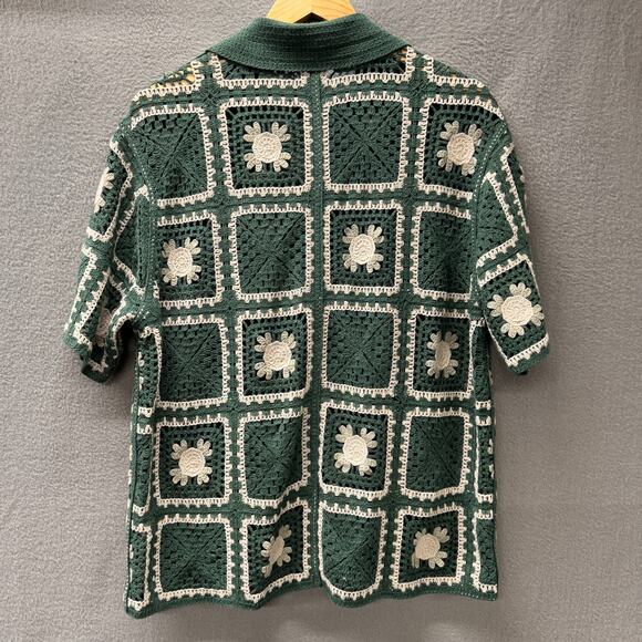 Abercrombie & Fitch Sweater Mens Medium Green Crochet Floral Knit Button Up - Picture 4 of 9